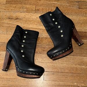 L.A.M.B. Black Leather Heeled Boots with Stud Accents